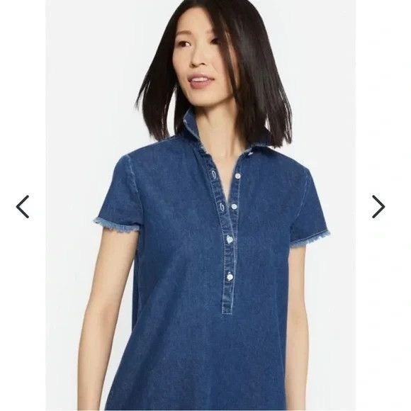 J McLaughlin Jones Denim Shift Dress Blue Raw Fringe Hem Trim Casual - Picture 3 of 12